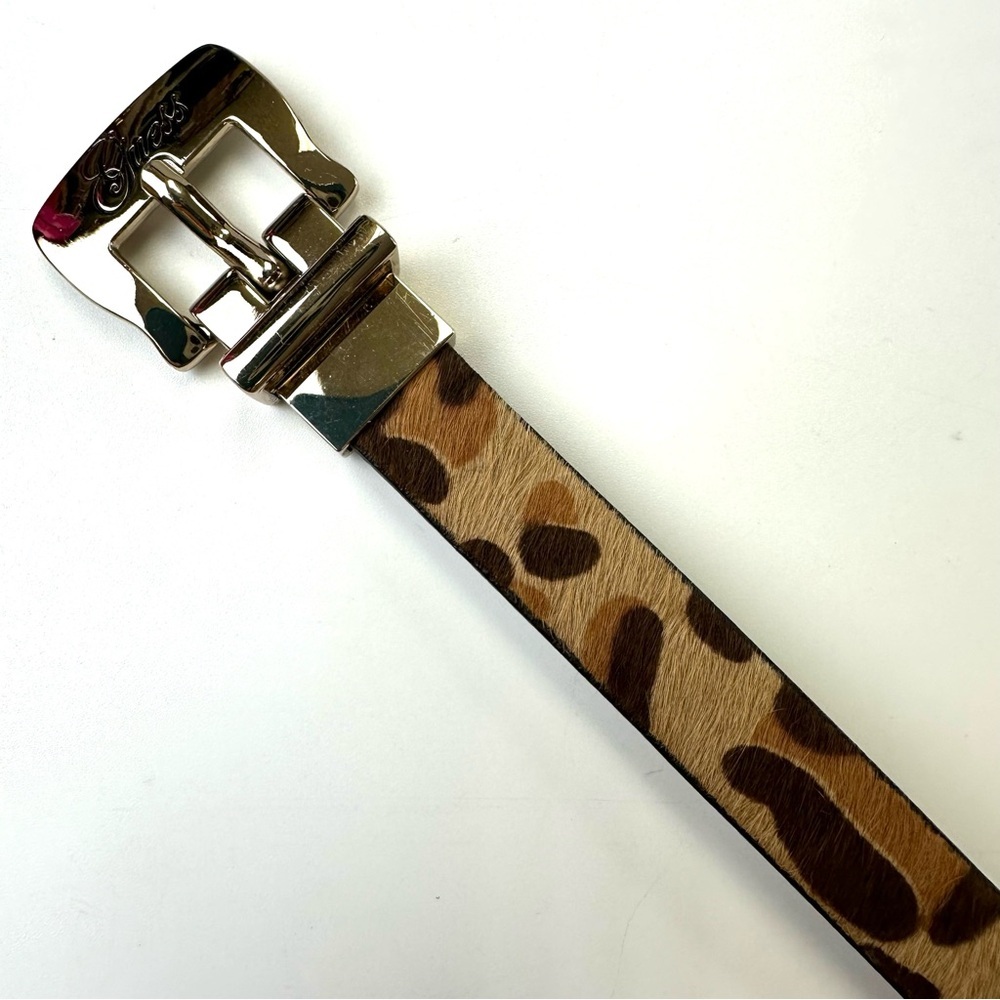 Guess thin womens belt Medium Reversible cheetah calf hair brown G print reverse